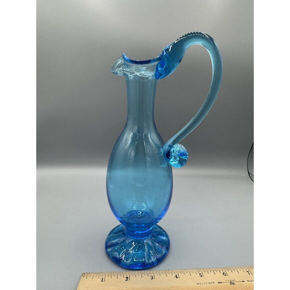 Other - Vintage Hand-Blown Blue Glass Pitcher with Ruffled Rim